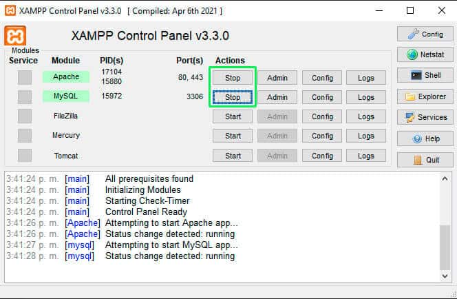 Apache y MySQL activos