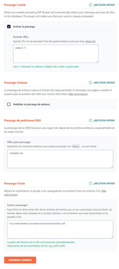 configuración precarga wp rocket